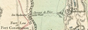 1777 map detail showing the chevaux-de-frise between Fort Lee and Fort Washington